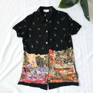 Women under the trees watercolor patterned button blouse